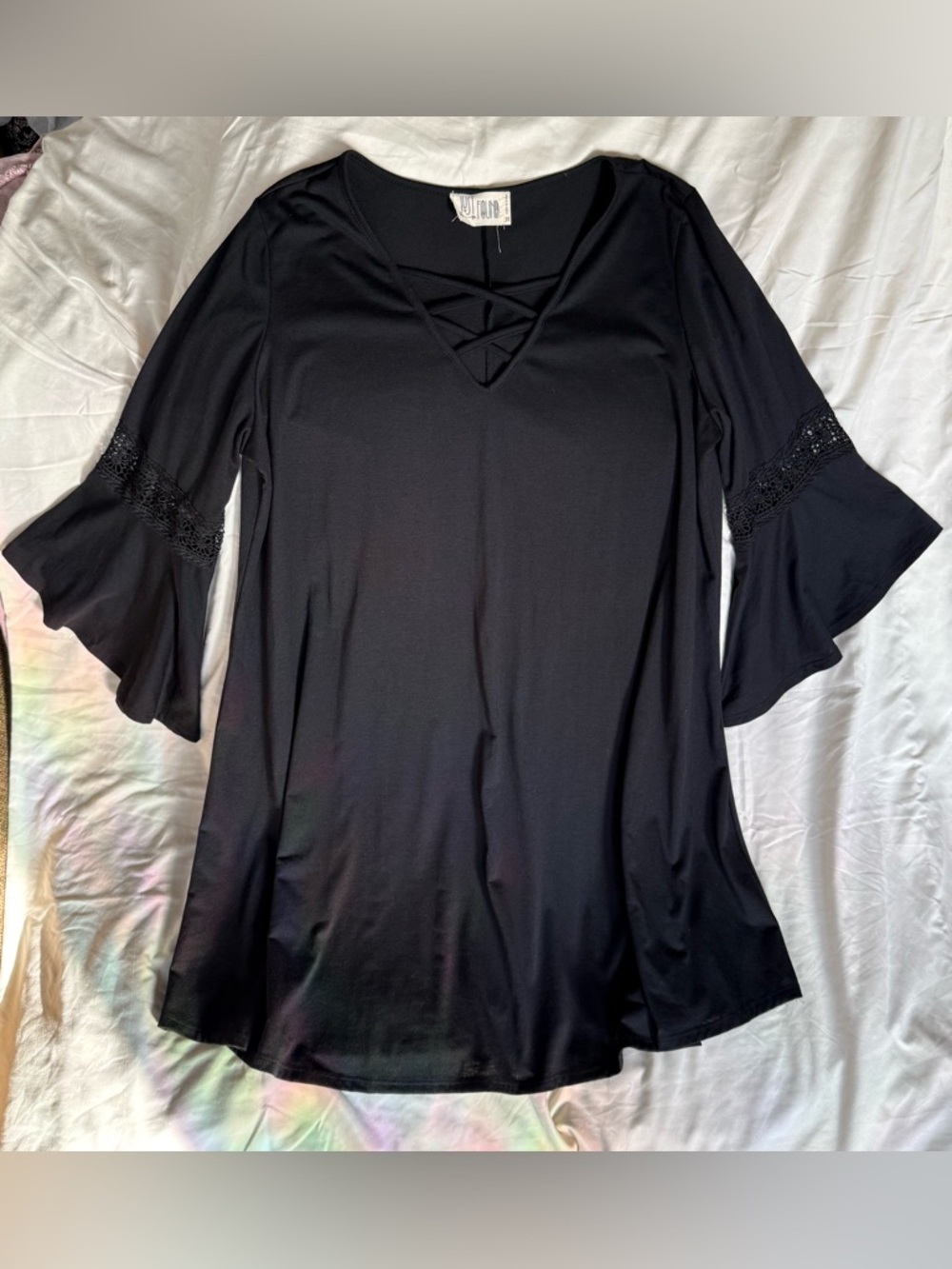 Black V-Neck Tunic with Crisscross Detail